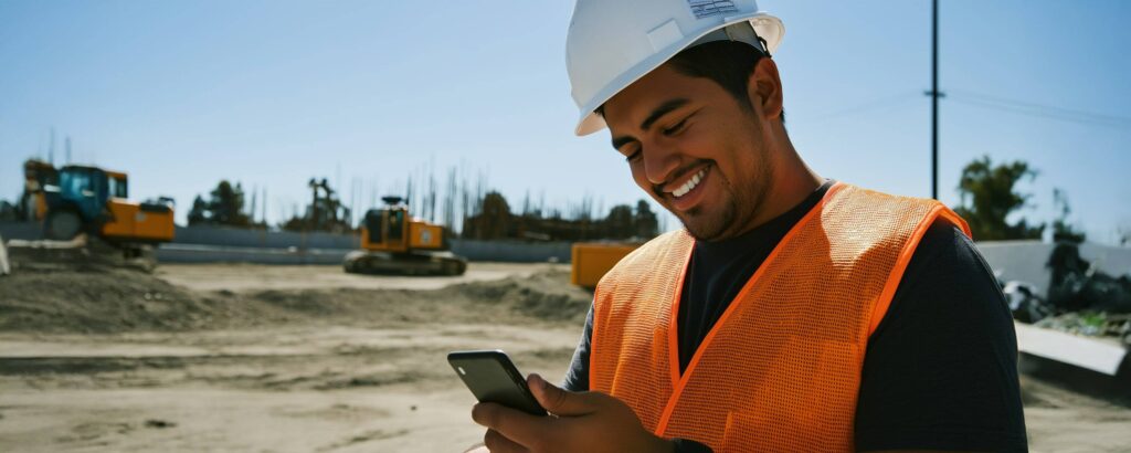 Construction worker looking at phone