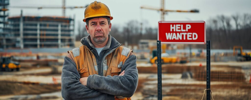 Worker standing by a help wanted sign