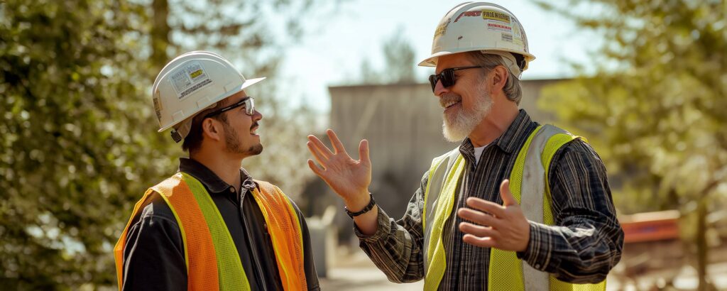 Two construction workers talking