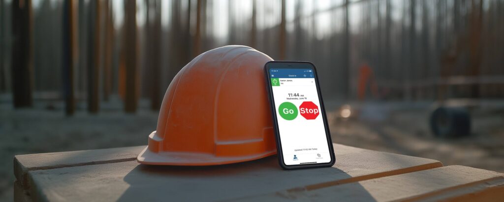 Hard hat with a phone showing the ExakTime login